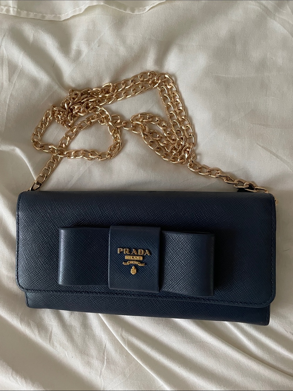 Prada Navy Saffiano Leather Crossbody Bag with Gold Chain